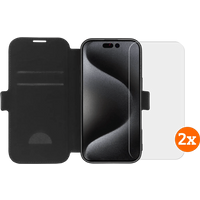 BlueBuilt Apple iPhone 16 Pro Book Case Leer Zwart + Screenprotector Glas Duo Pack
