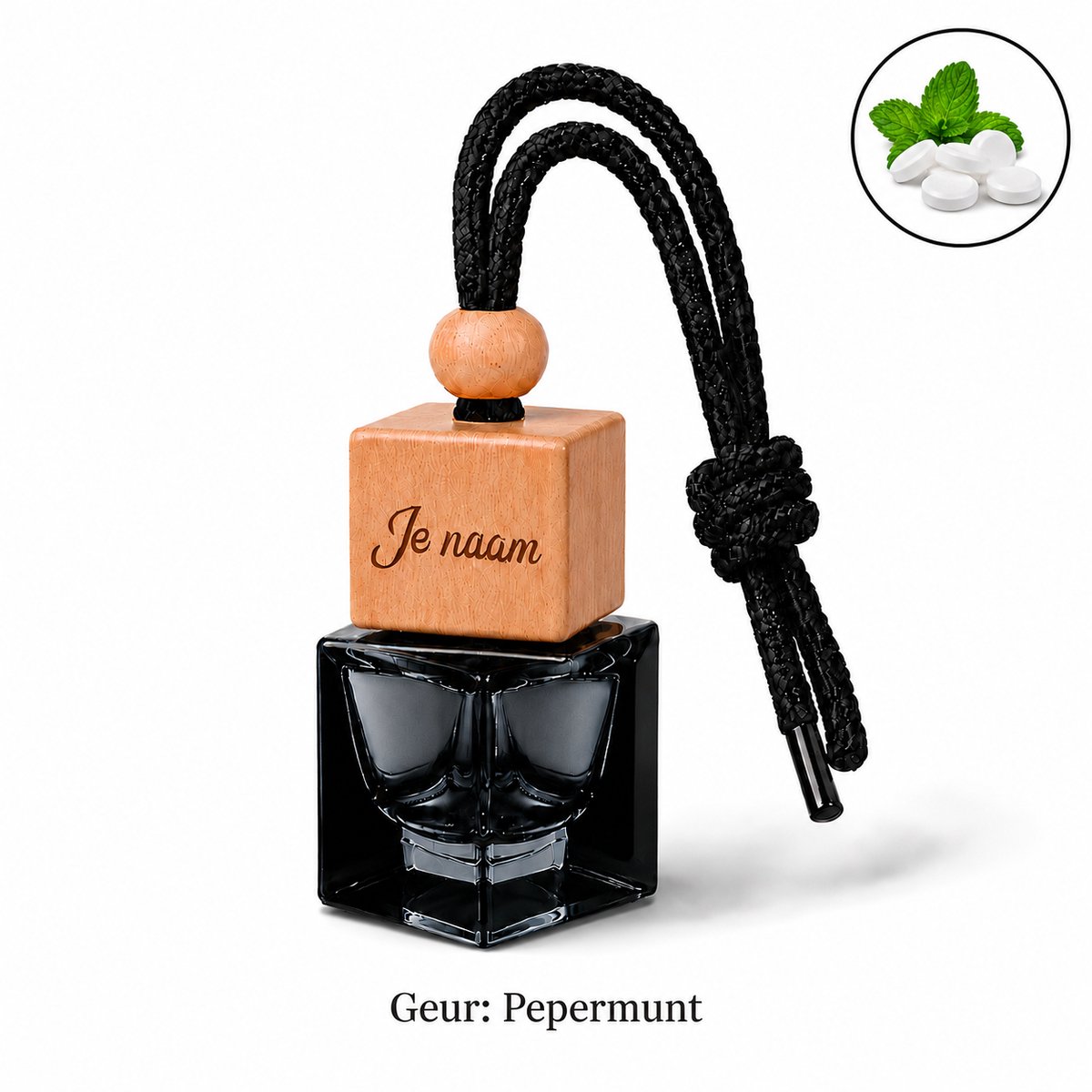 Autoparfum (met eigen naam) - Pepermunt - Huisparfum - Laser gegraveerd - Hanger met koord - 8 ml inhoud