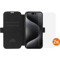 BlueBuilt Apple iPhone 16 Pro Max Book Case Leer Zwart + Screenprotector Glas Duo Pack