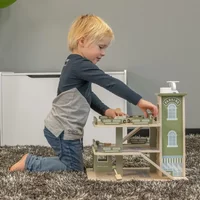 Houten speelgoed garage met lift incl. autootjes Parking Experience retro groen - Bandits & Angels