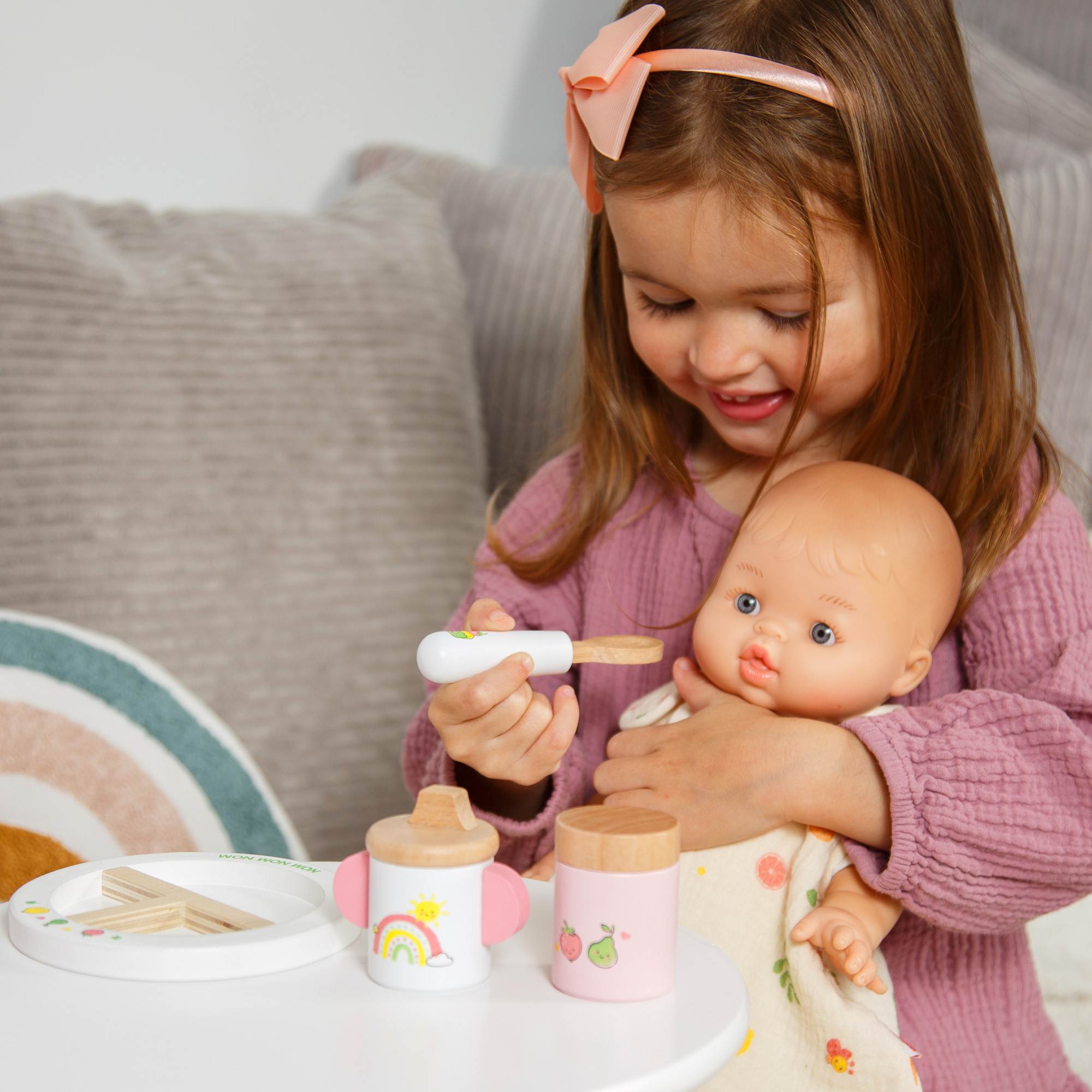 Heless - Houten poppen eetset "Cheeky Fruits" (bord - lepel - beker - papkom) - 4-delig